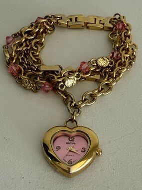 Madison Gold-Tone Heart Pendant Watch Bracelet with Pink Dial